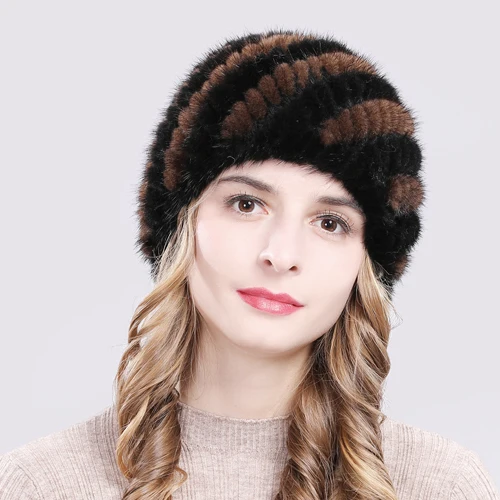 BROWN BLACK Новинка для русской зимы, женские шапки из натурального меха норки, вязаные теплые шапки в полоску из натурального меха норки, Женская эластичная меховая шапка из натуральной норки - Цвет: BROWN BLACK
