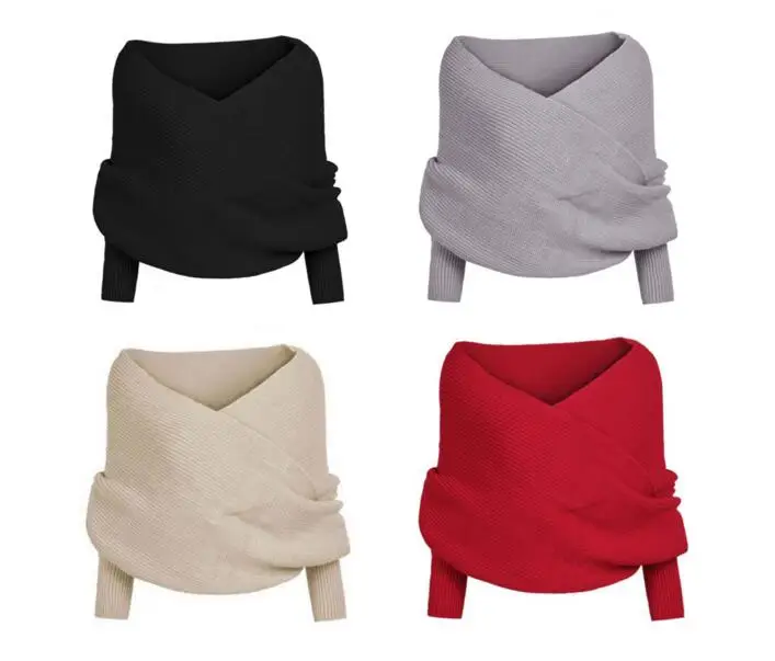 Newest Women Strapless Off Shoulder Cross Variety of Wearing Super Short Solid Color Sweater Wrap Swing |