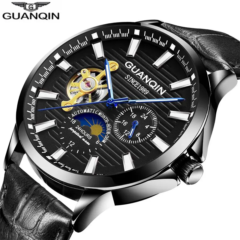 

[Dropshipping] GUANQIN Automatic Mechanical Men Watch Luminous Moon Phase Leather Rose Gold Skeleton Business Men Wrist Watches
