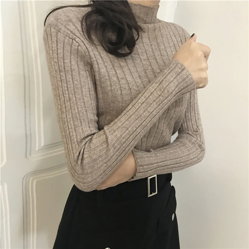 Spring Skinny Striped Women Sweater Half-Turtleneck Full Sleeve Knitted Pullovers Knitwear Femme Elastic Knitting Jumper 2019 | Женская