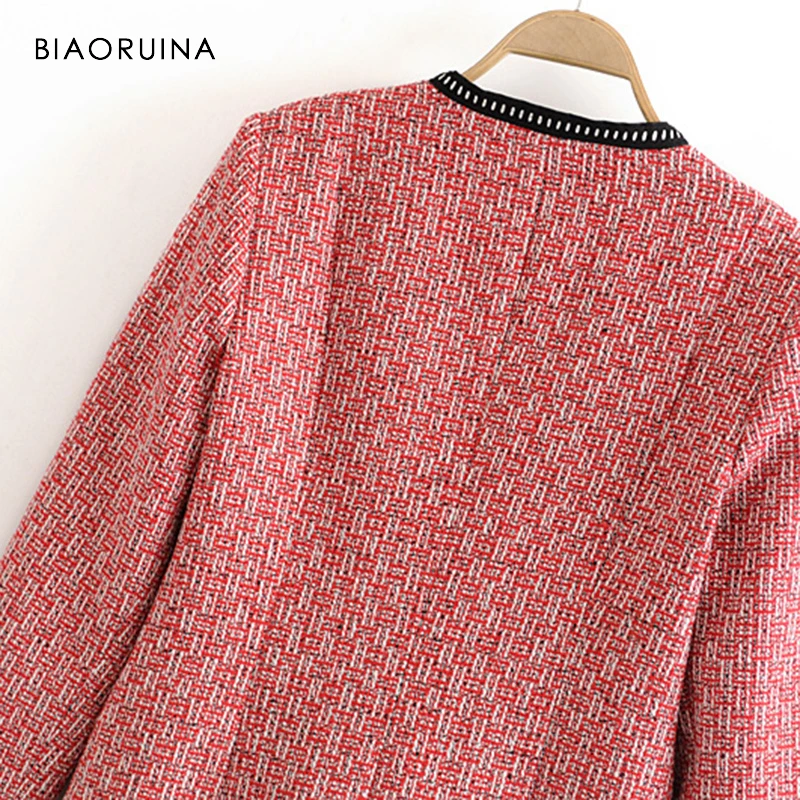 BIAORUINA, Женская твидовая клетчатая куртка, пальто, женское, v-образный вырез, однобортное, свободное, универсальное пальто, для девушек, элегантное пальто, верхняя одежда