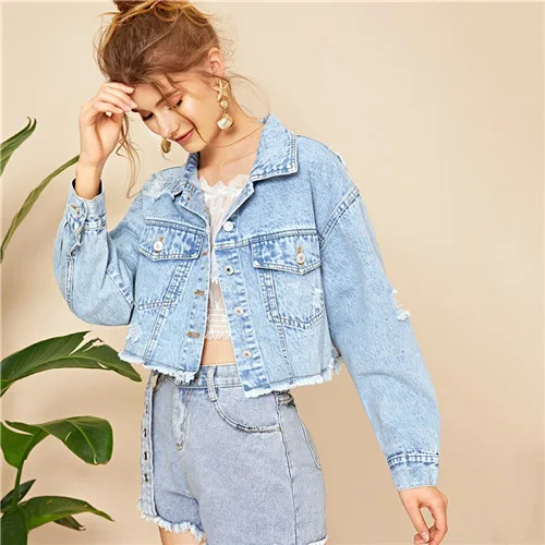 Синий Dotfashion синяя короткая джинсовая куртка с рваными потрепанными краями и хлопьями для женщин Осенняя Повседневная однобортная одежда осеннее однотонное пальто - Цвет: Синий