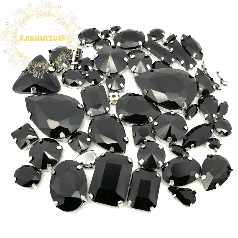 52 шт. 23 размера 10 форм Смешанная Черная форма Хрустальное стекло пришивные стразы