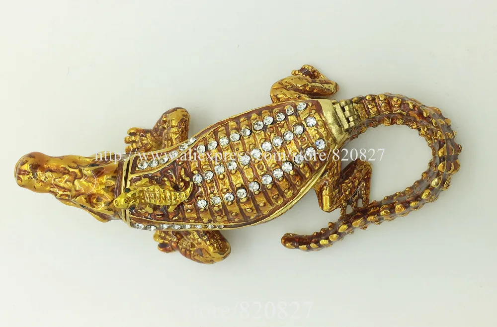 BEJEWELED RHINESTONE CRYSTAL ENAMEL TRINKET BOX - ALLIGATOR/CROCODILE STATUE