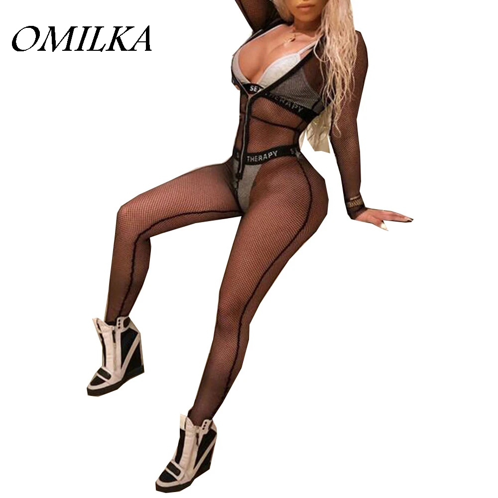 

OMILKA 2018 Summer Women Long Sleeve V Neck Hooded Bodycon Mesh Rompers and Jumpsuits Sexy Black See Through Club Party Overalls
