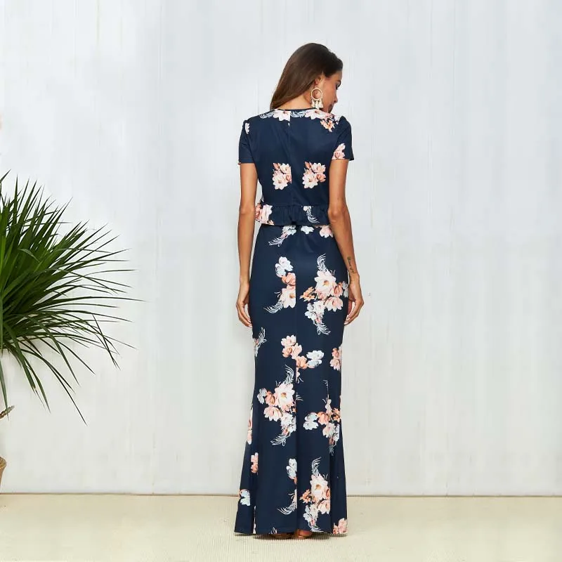 Новый Boho Платье с принтом костюм Для женщин комплект из 2 частей короткий рукав