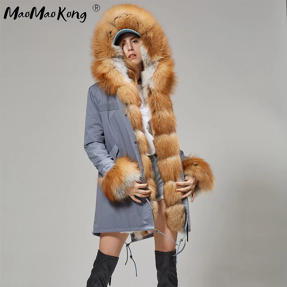 Фото Женская длинная парка Mao Kong, теплая Толстая парка с подкладкой из кроличьего меха и воротником из натурального меха, зима 2019 №3