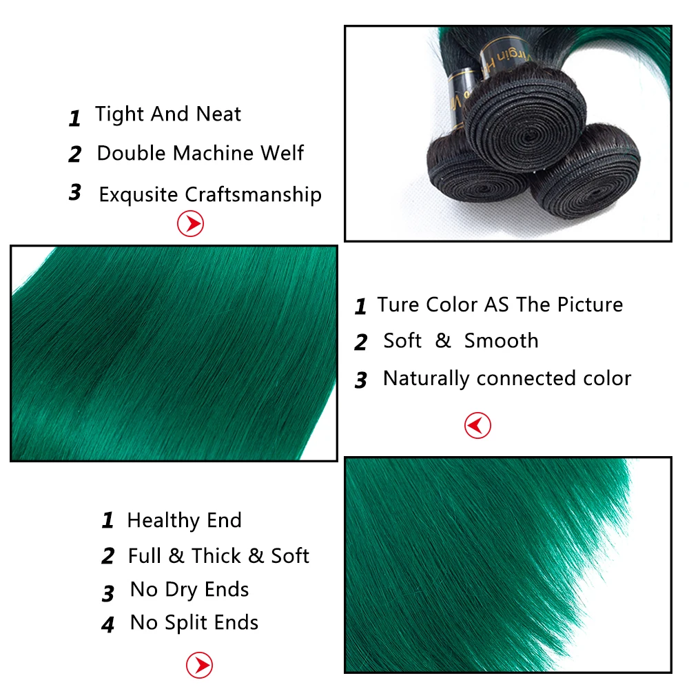 

QT Pre-Colored Green Ombre Peruvian Hair Bundles T1B/Turquoise Dark Roots Green Silky 3 Bundles Straight Human Hair Weave remy