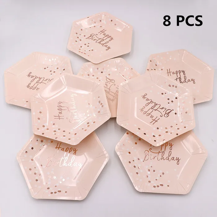 8pcs plate OurWarm день рождения одноразовая посуда бумажные чашки блюдце салфетка подарки девушки розовый одноразовые украшения для праздника на день рождения - Цвет: 8pcs plate