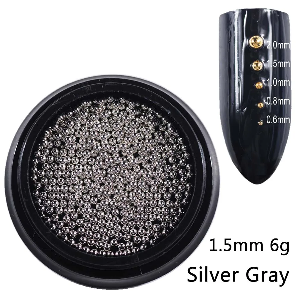 1.5mm sliver grey 6g Бусины для ногтей, микро металлические бусины 0,6-2,0 мм, 3D Шпильки для ногтей, сплав, ювелирное изделие для ногтей, амулеты, принадлежности для художественных украшений, стальные шарики для икры - Цвет: 1.5mm sliver grey 6g