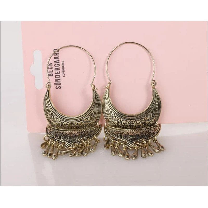 Bohemia Vintage Retro Tribal Antique Silver Ethnic Carved Moon Long Tassel Earrings for Women Jewelry Punk Beads Earring | Украшения и