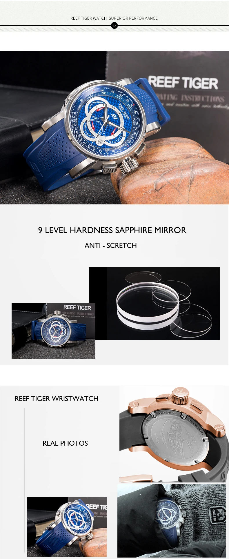 Reef Tiger Aurora Serier RGA3063 мужские многофункциональные спортивные водонепроницаемые кварцевые наручные часы с хронографом