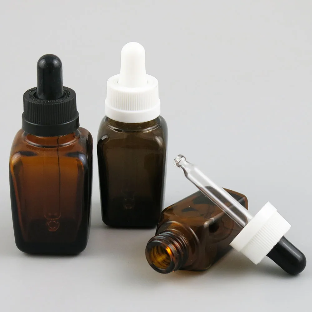 

10 x 10ml 25ml 35ml 50ml 100ml Square Brown Bottle With Black/White Dropper Amber Glass Essential Oil Serum Bottle Cosmetic Vial
