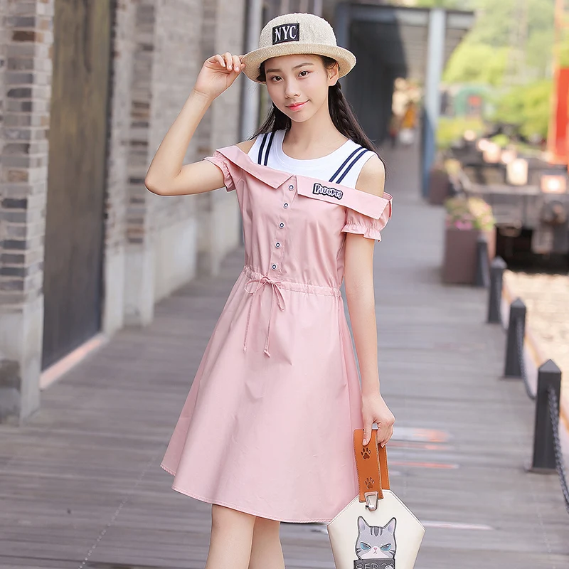 

Sweet And Lovely Slash Neck Off Shoulder Top Dress Summer 2019 New Slim Girl Student Short-sleeved Ruffled Strap Dress