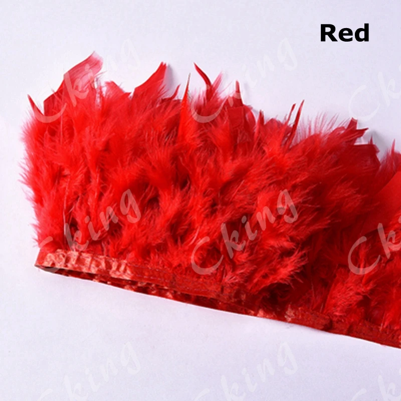 

Pack of 10meters Natural Dyed Turkey Flakes Feathers 4~6inch Fringe Trim DIY Dress Crafts Costumes Decoration (Red)