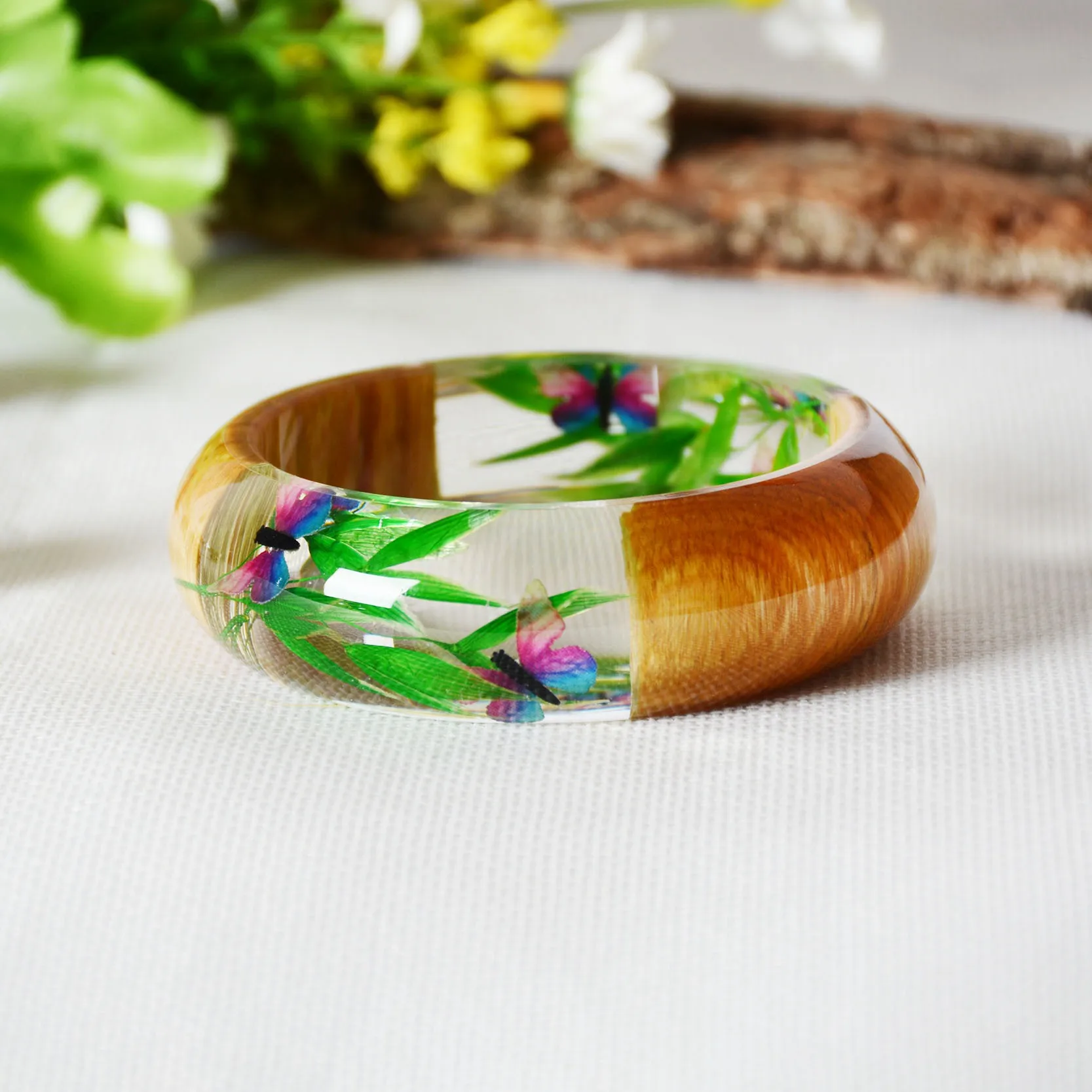 Дизайн Charm Wood смолы браслет с настоящие сухие цветы браслет для Для женщин индийские украшения ручной работы