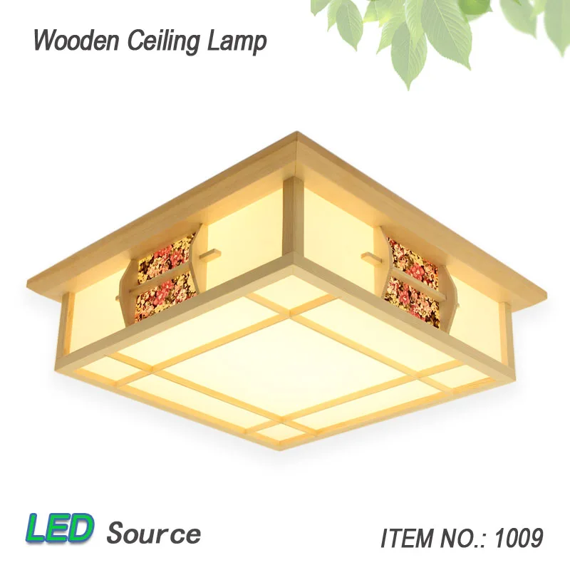Japanese Tatami Style Square Natural OAK Wood and Pinus Sylvestris Cover LED Ceiling Lamp with Grid Paper Ceiling Light Fixture