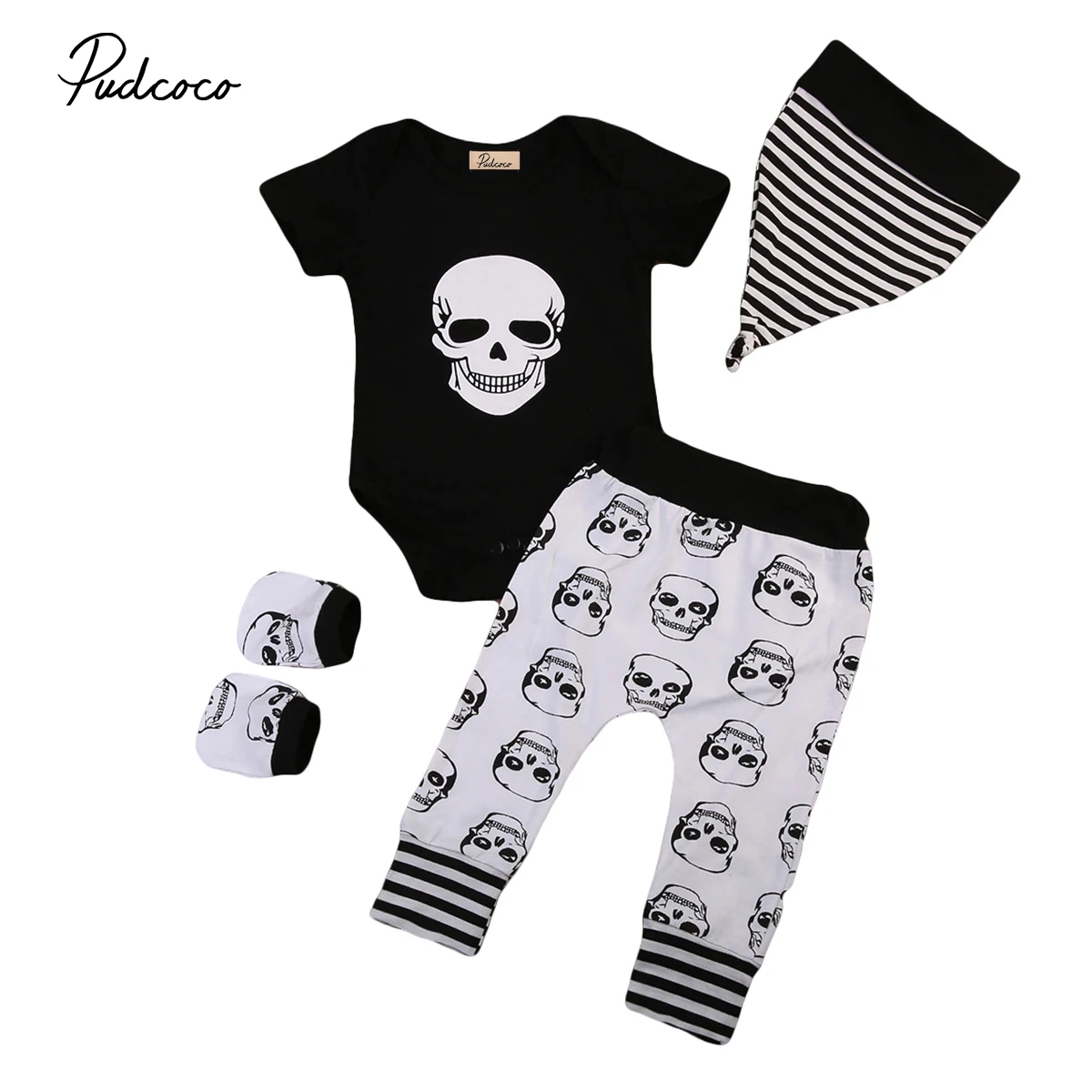Novelty Newborn Baby Boy SKull Outfits Clothes Black Romper Tops Jumpsuit Long Pants Leggings Hats Gloves 4pcs Clothing Set |