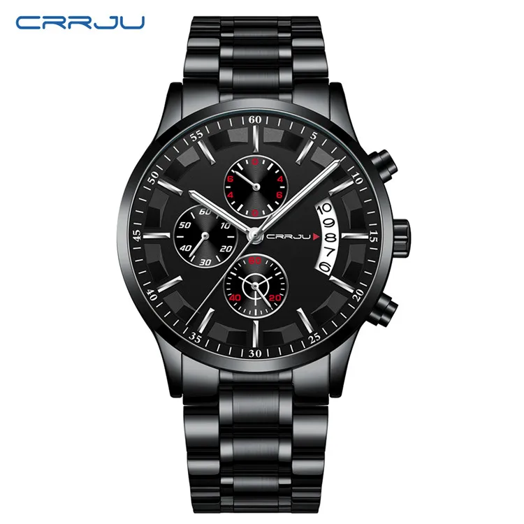 S black black silver Мужские часы CRRJU Топ бренд водонепроницаемые спортивные часы с хронографом мужские повседневные кварцевые часы из нержавеющей стали Relogio Masculino - Цвет: S black black silver