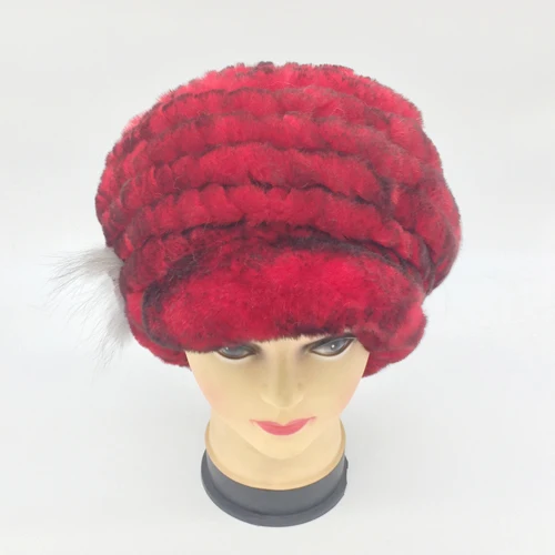 red Стиль, Женский Настоящий мех кролика, шапка, зимняя, мех кролика Рекс, шапки бини, вязанные, натуральный мех, шапки из меха кролика рекс - Цвет: red