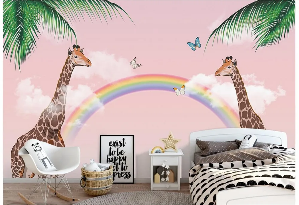 Custom 3d wallpaper for walls 3 d wall murals Cartoon Kids Wallpaper Giraffe Dream Rainbow Background Wall home decor | Обустройство