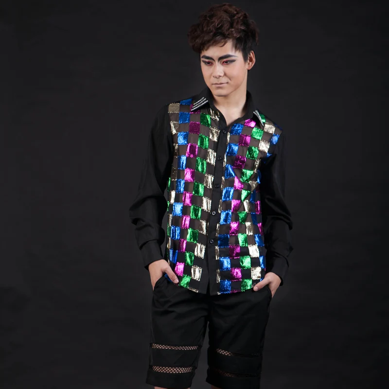 Мужская рубашка с длинным рукавом цветная приталенная для выступлений ночного