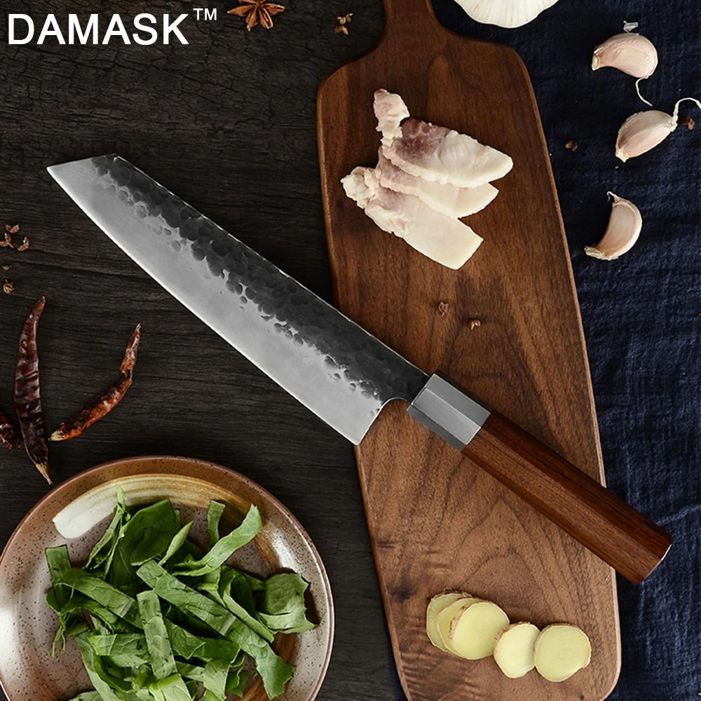 DAMASK Japanese Forged Kitchen Knife Kirisuke Handmade Slicing Chef Knives High Carbon Sharp Blade Wood Handle Cooking Tools