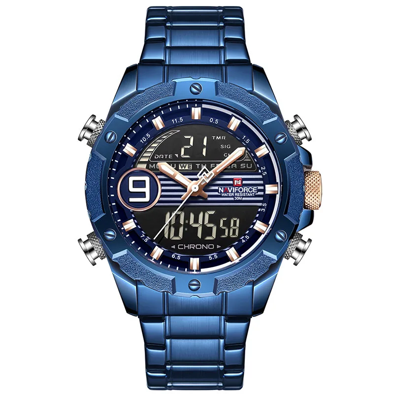 Black Blue Топ люксовый бренд NAVIFORCE мужские спортивные часы мужские кварцевые цифровые аналоговые часы мужские модные полностью стальные водонепроницаемые наручные часы - Цвет: Black Blue