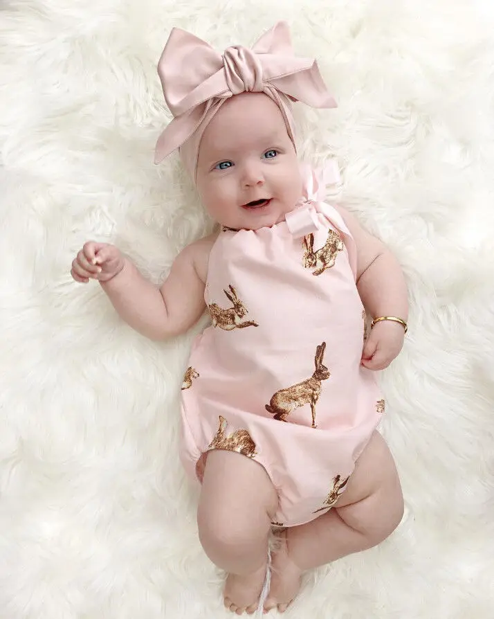 Милая одежда с принтом для маленьких девочек боди дизайном кролик Детская летняя