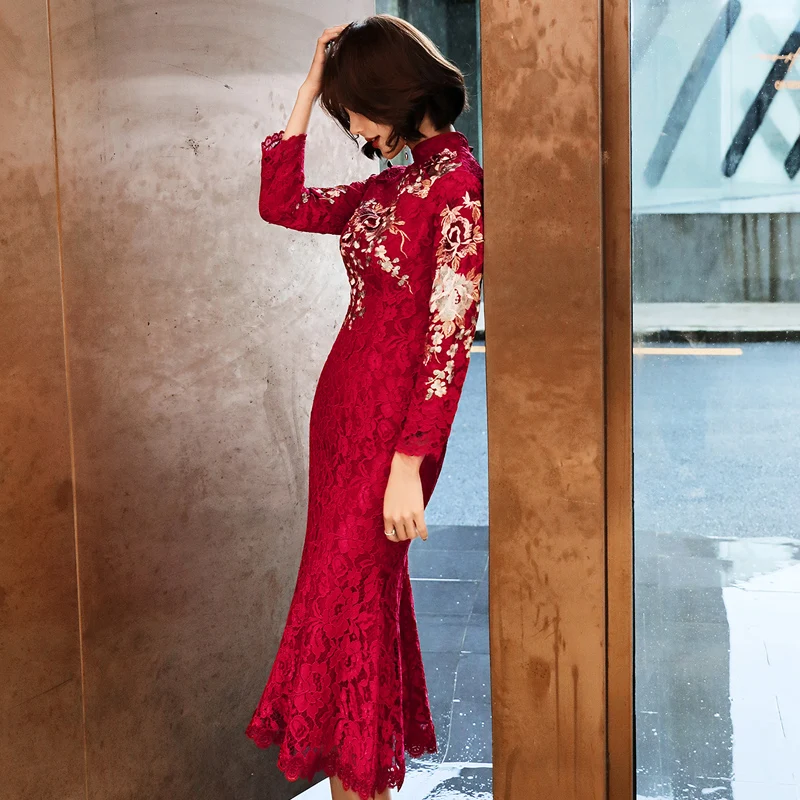 Свадебное платье с вышивкой и воротником мандарин Элегантное Длинное для