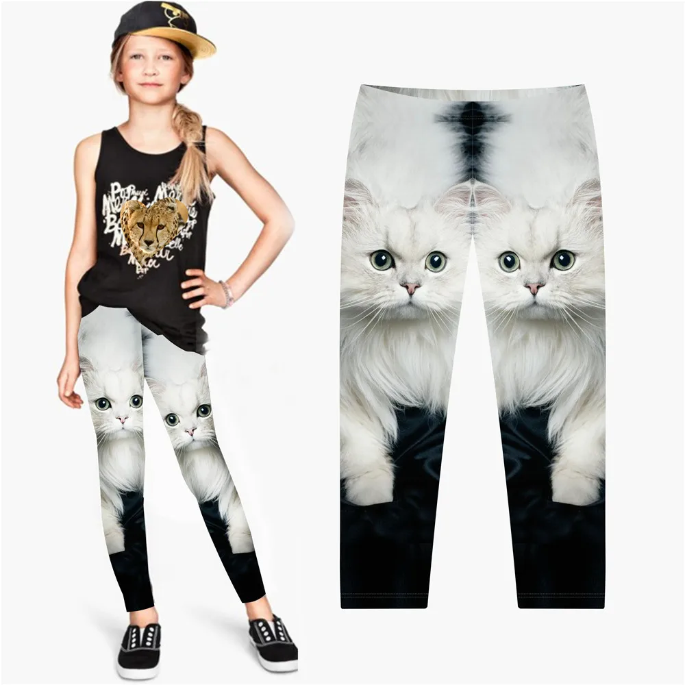 Брюки для девочек с принтом белого кота и цветов детские брюки леггинсы