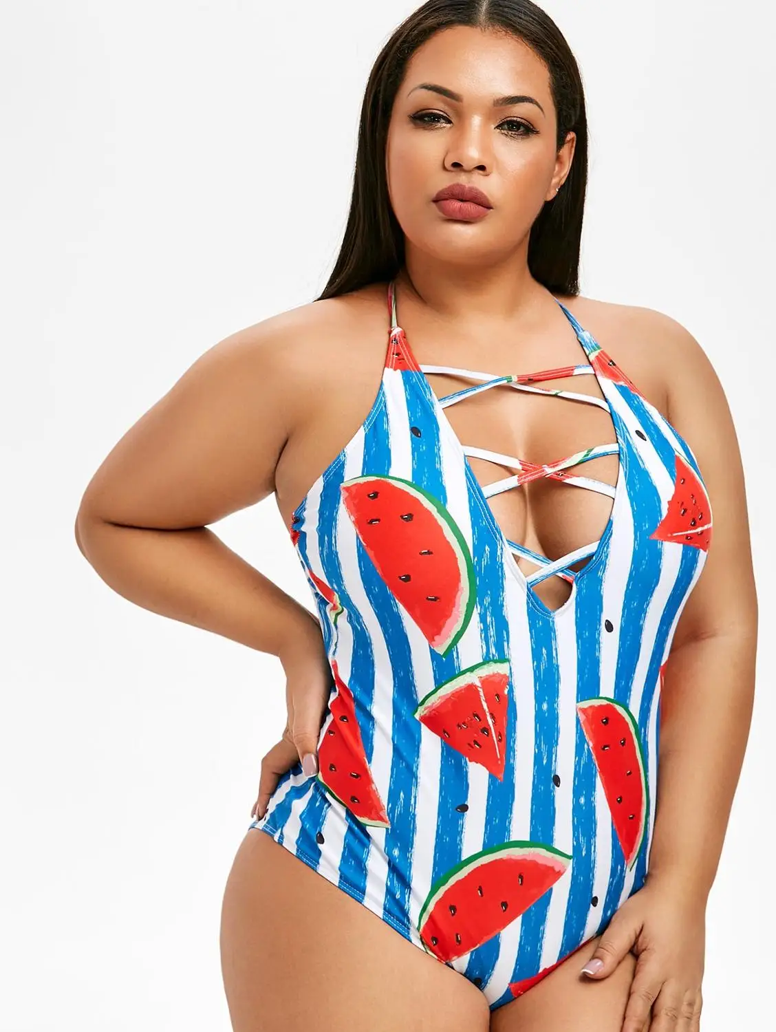 Цельный купальник размера плюс с перекрещивающимся крестом и принтом арбуза