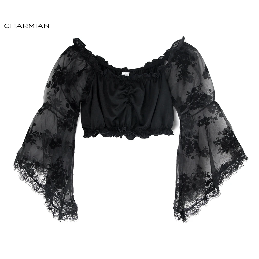

Charmian Sexy Women Off Shoulder Top Fashion Black Gothic Lolita Crop Top Victorian Elastic Top Short Blouse Club Party Clothing