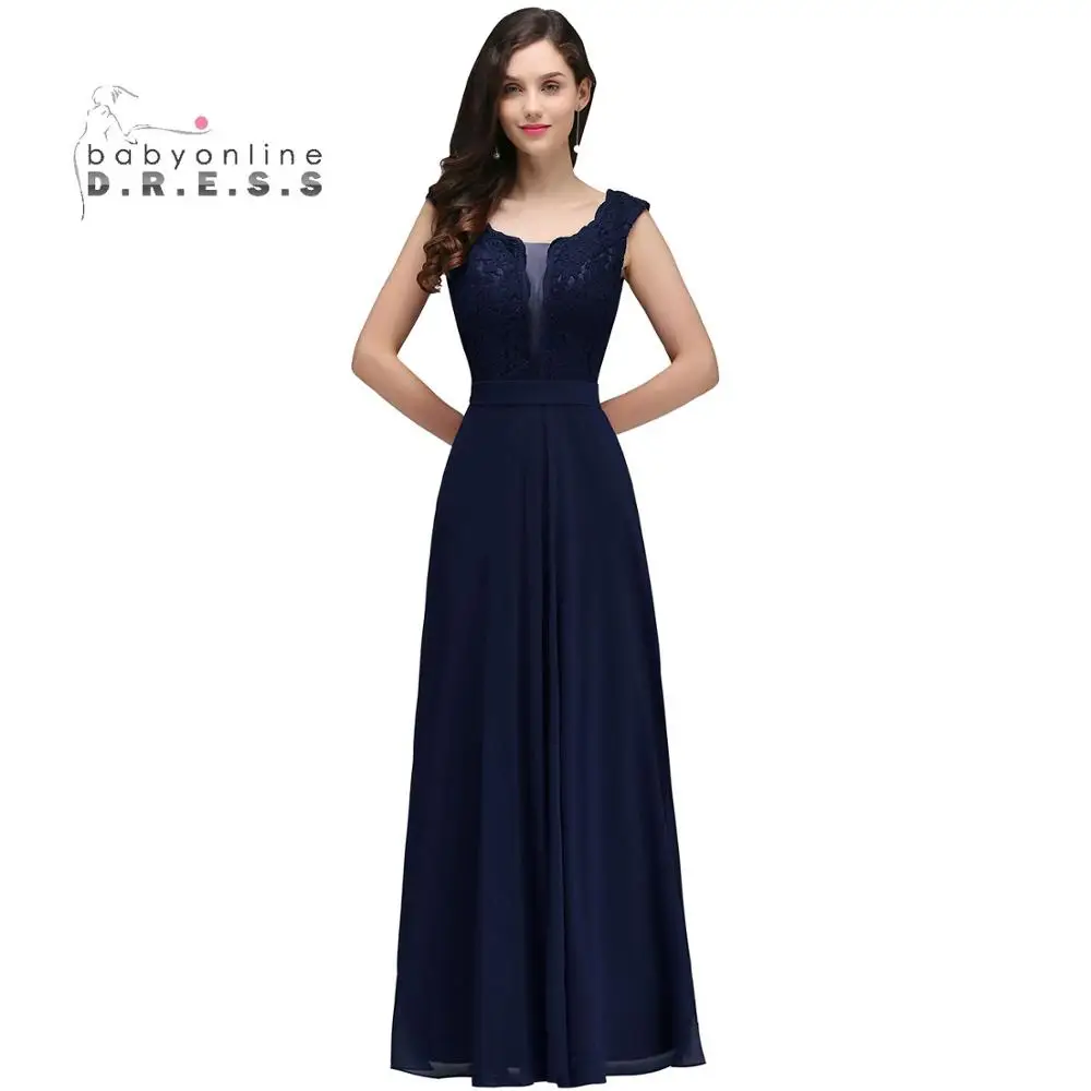 Robe de fille d'honneur трапециевидные бордовые платья для подружки невесты длинные аппликация из шифонового Кружева Дешевые выпускные платья вечерние платья - Цвет: navy