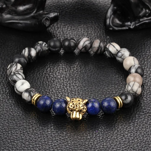 Textured gold Античный посеребренный Будда браслет с головой леопарда камень из натуральной лавы бисером браслеты для мужчин женщин Pulseras Hombre - Окраска металла: Textured gold