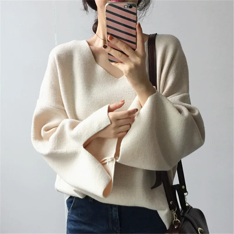 apricot sweaters Korobov корейский сексуальный v-образный вырез Новое поступление Sueter Mujer осенний длинный рукав раздельный женский свитер женский пуловер Топы 76104 - Цвет: apricot sweaters