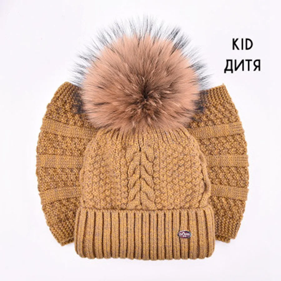 Winter Hat Scarf Set for Girls Raccoon Fur Pompoms Womens Beanies Fashion Knitted Ski Caps Ring Velvet Skullies Children |