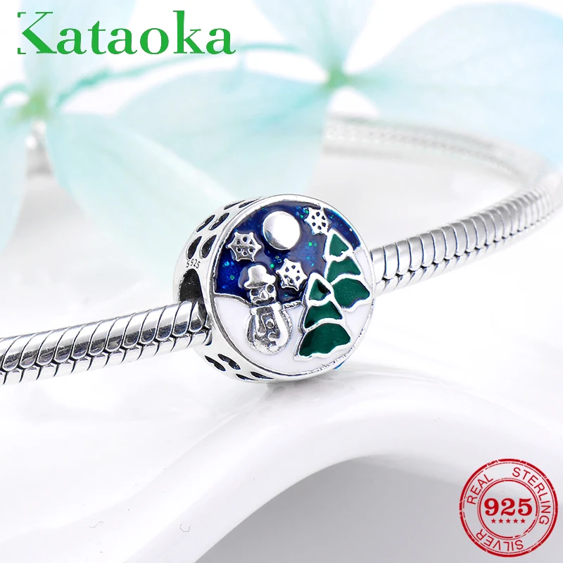 Рождественский Снеговик Зимняя ночь снег падение Серебряные бусины 925 пробы