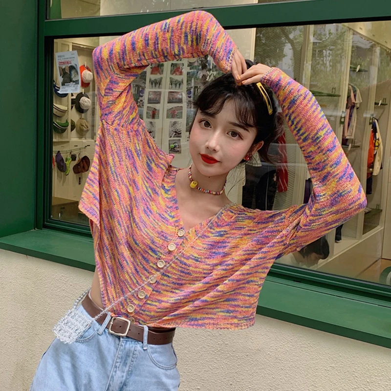 Женский Свободный укороченный топ с V образным вырезом и длинными рукавами| |