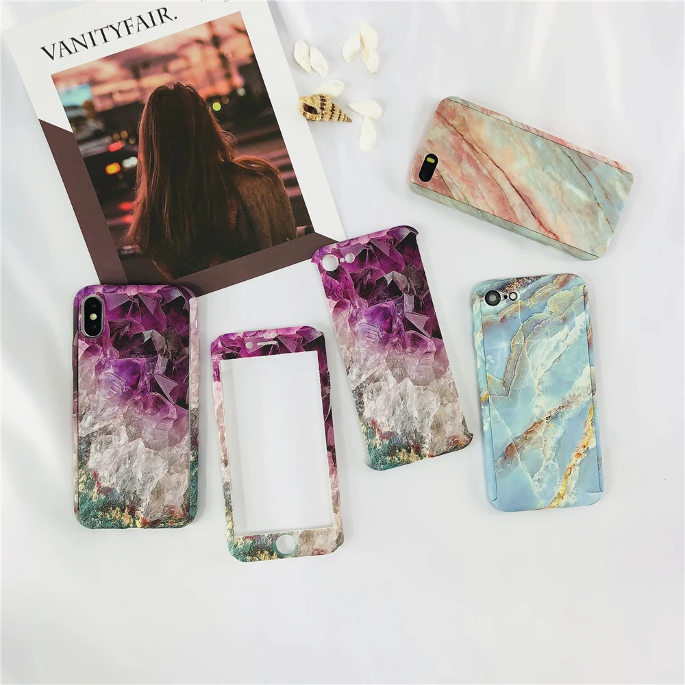 360 Degree Marble Stone Full Protective Hard Luxury Purple Diamond Case for IPhone 6 6S 7 8 Plus 5 SE X Gem Splice |