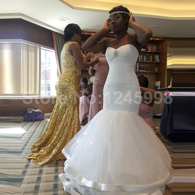 2016 Новый Белый Тюль Бисером Русалка Свадебное Платье vestido де noiva свадебные платья