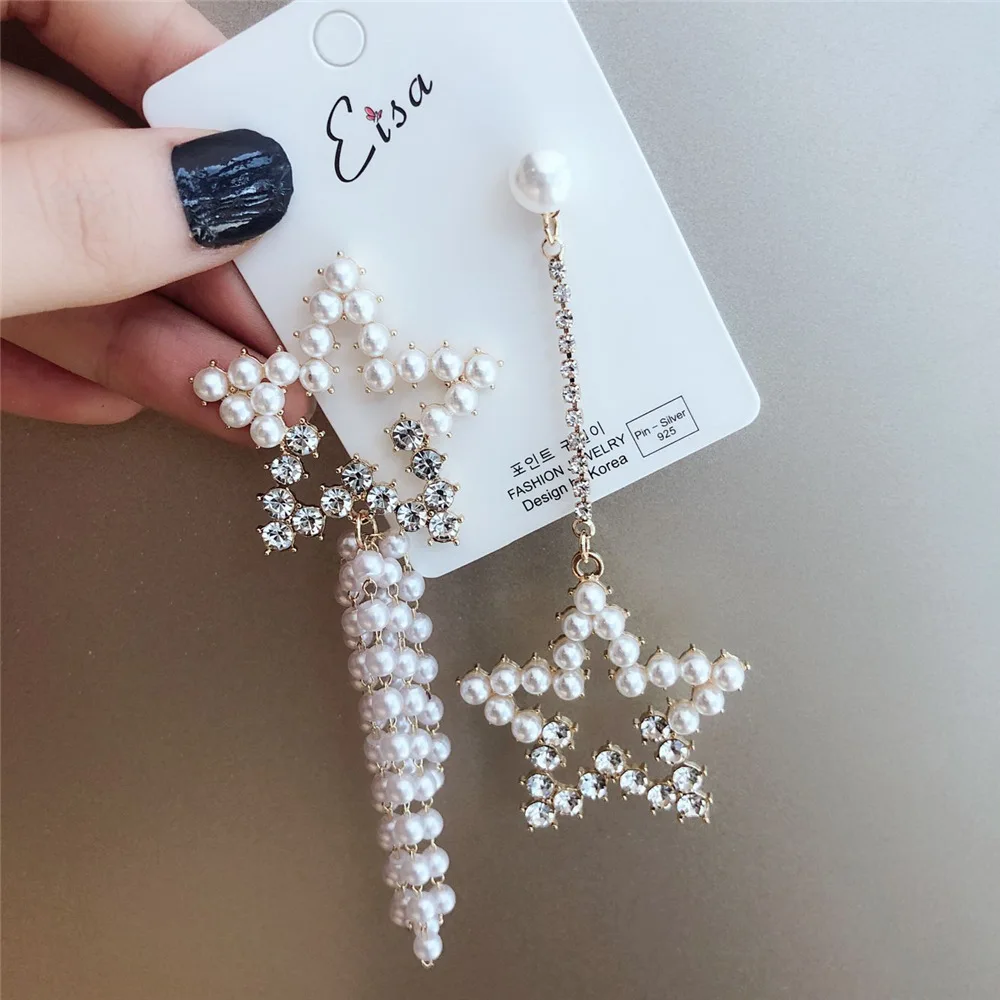 Женские корейские серьги с пятиконечной звездой Асимметричные Длинные