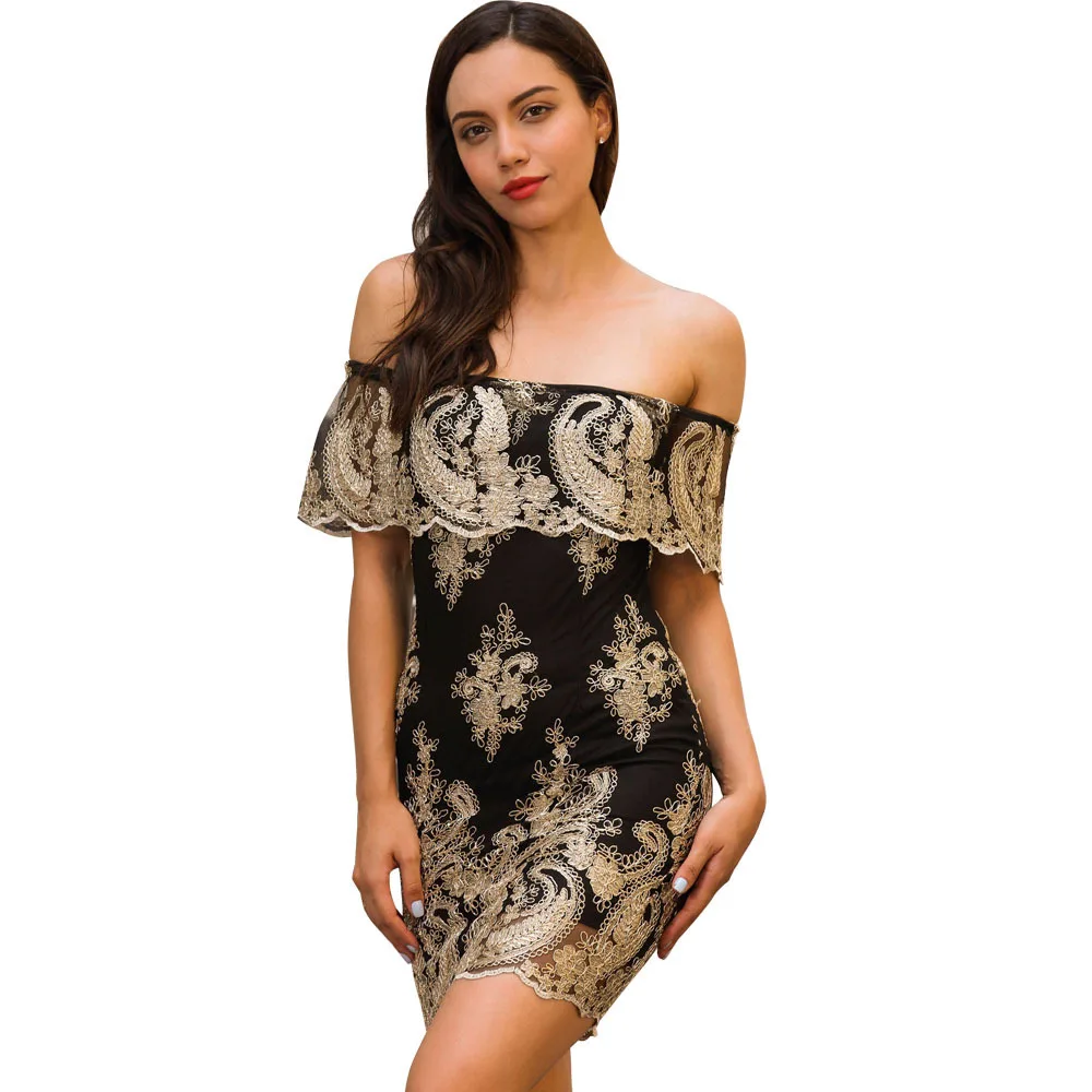 

Sexy Slash Neck Embroidery Club Party Dress Off Shoulder Sheath Bodycon Black Vestidos Summer Mini Ruffled Women Dress