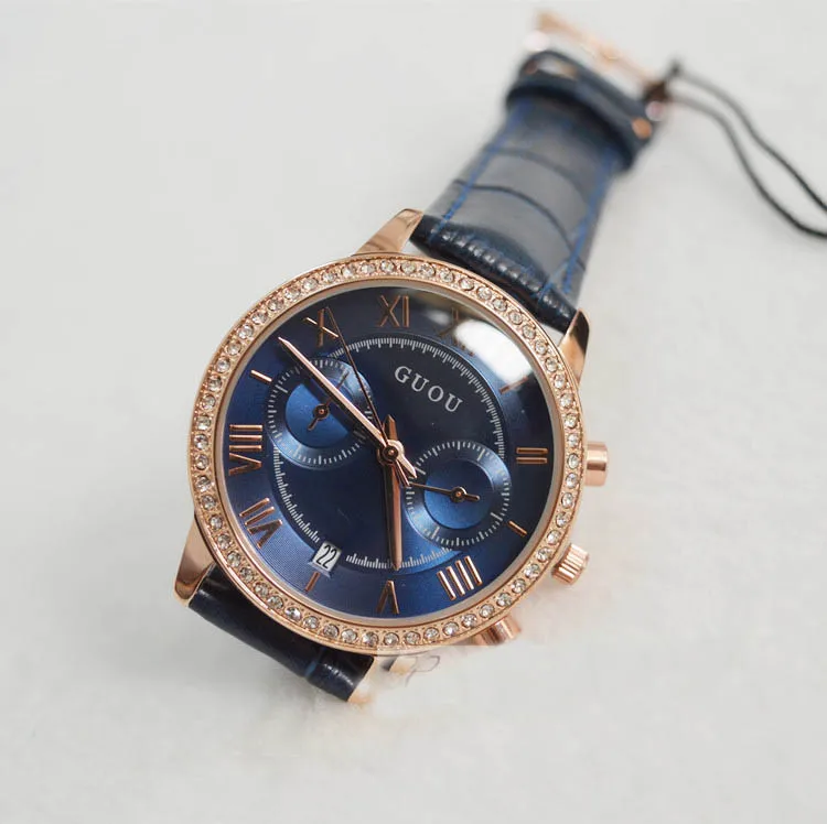 

2016 New Arrival Women Calendar Watches Luxury Rhinestone Quartz Watch Dark Blue Dial Genuine Leather Wristwatches