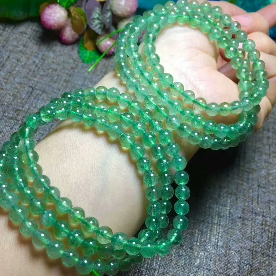 

Free Shipping Natural Green Ice Strawberry Quartz Crystal Beads Bracelet 6.5-6mm AAA 3rows