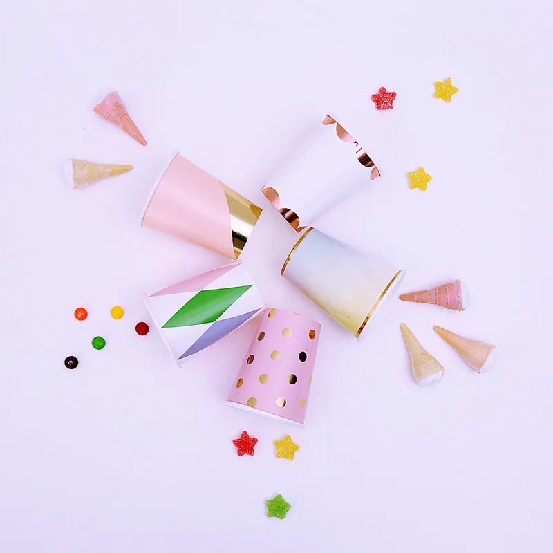 8PC/Bag Gold Stripe Pattern Birthday Wedding Party Disposable Cup Fruit Grill Paper Tableware Theme Cake Round Dish Dot | Дом и сад