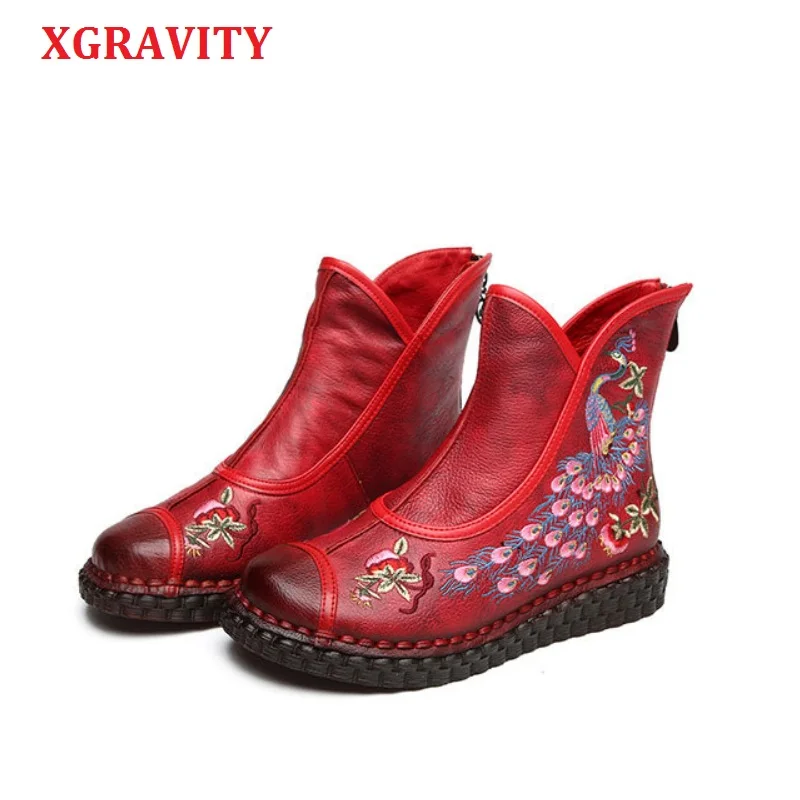 Женские ботинки на плоской подошве XGRAVITY Винтажные из натуральной кожи с вышивкой