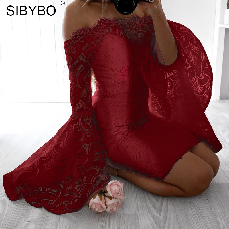 Sibybo кружевное платье с открытыми плечами и расклешенными рукавами женское элегантное вечернее платье с вырезом лодочкой и длинным рукавом осеннее сексуальное облегающее платье