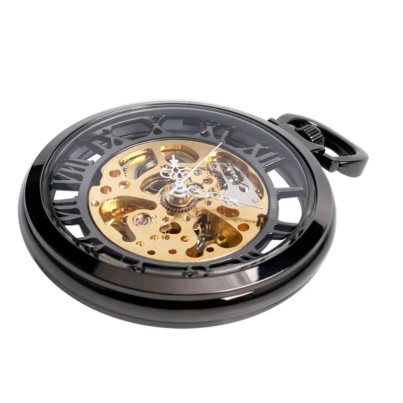 

Cool Black Hollow One Case Design Roman Number Skeleton Dial Hand-wind Mechanical Pocket Watch Steampunk Fob Watches with Chain
