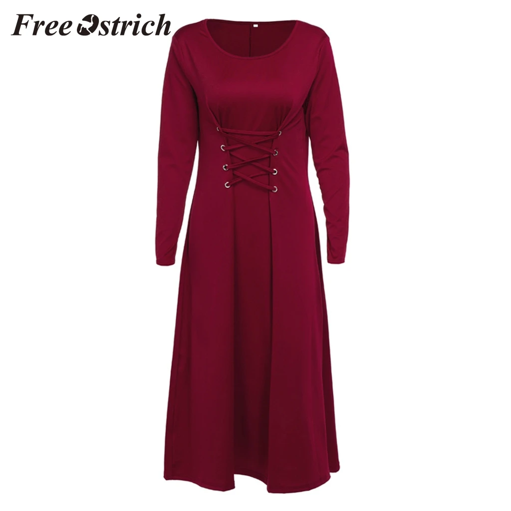 Женское облегающее платье с круглым вырезом и длинными рукавами на шнуровке